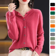 Fashion Merino Wool Cardigan Sweater Women O-Neck Long-sleeve Cashmere