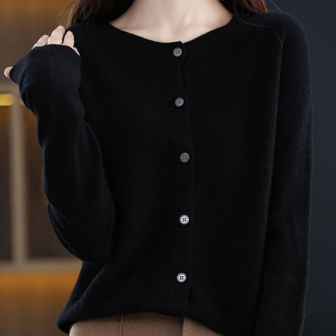 Fashion Merino Wool Cardigan Sweater Women O-Neck Long-sleeve Cashmere