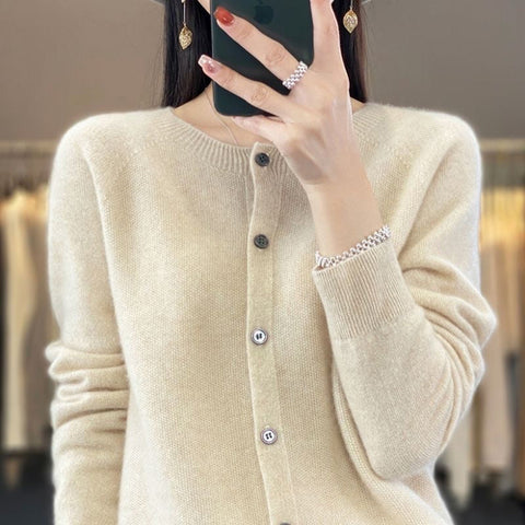 Fashion Merino Wool Cardigan Sweater Women O-Neck Long-sleeve Cashmere