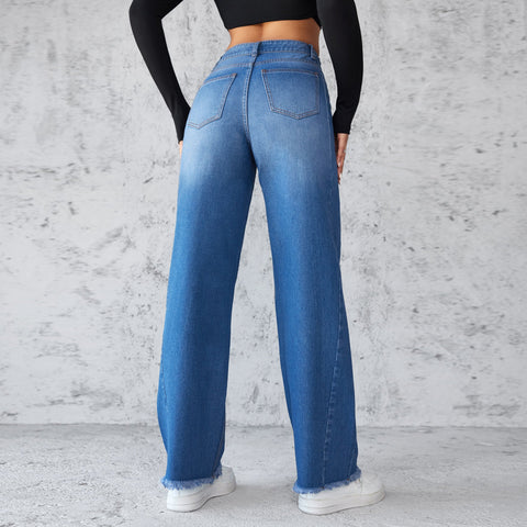 Fashion Straight Wide-leg Jeans Casual High-waist Non-elastic Womens
