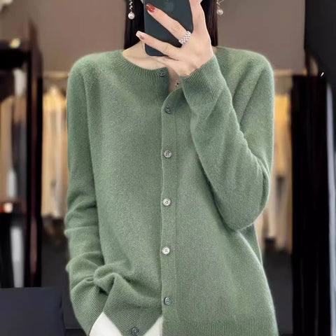 Fashion Merino Wool Cardigan Sweater Women O-Neck Long-sleeve Cashmere