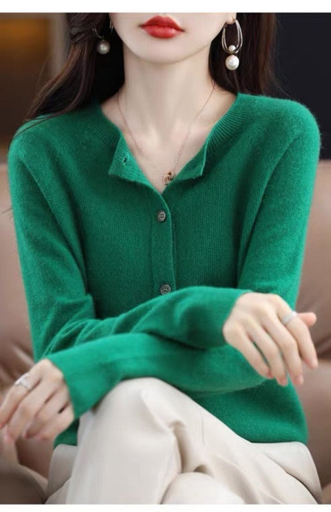 Fashion Merino Wool Cardigan Sweater Women O-Neck Long-sleeve Cashmere