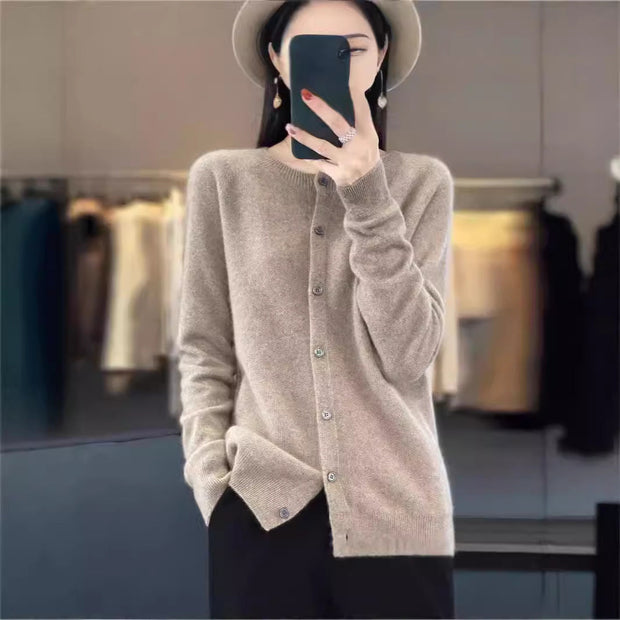 Fashion Merino Wool Cardigan Sweater Women O-Neck Long-sleeve Cashmere