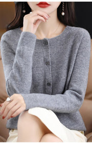 Fashion Merino Wool Cardigan Sweater Women O-Neck Long-sleeve Cashmere