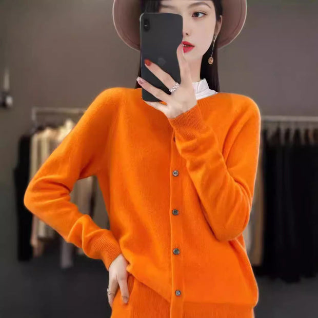 Fashion Merino Wool Cardigan Sweater Women O-Neck Long-sleeve Cashmere