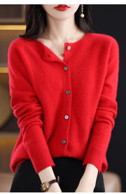 Fashion Merino Wool Cardigan Sweater Women O-Neck Long-sleeve Cashmere