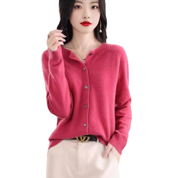 Fashion Merino Wool Cardigan Sweater Women O-Neck Long-sleeve Cashmere