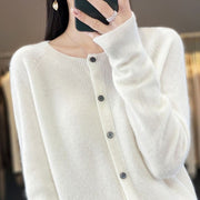 Fashion Merino Wool Cardigan Sweater Women O-Neck Long-sleeve Cashmere