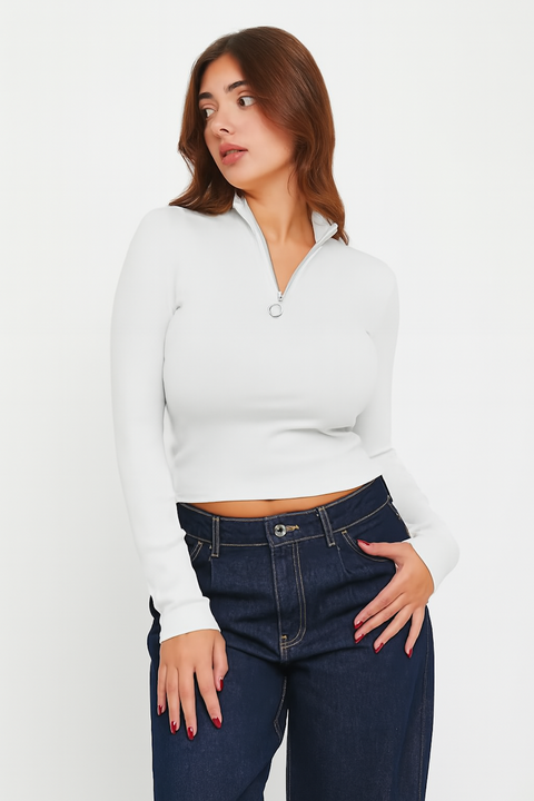 Women Long Sleeve Quarter Zip Crop-Top White