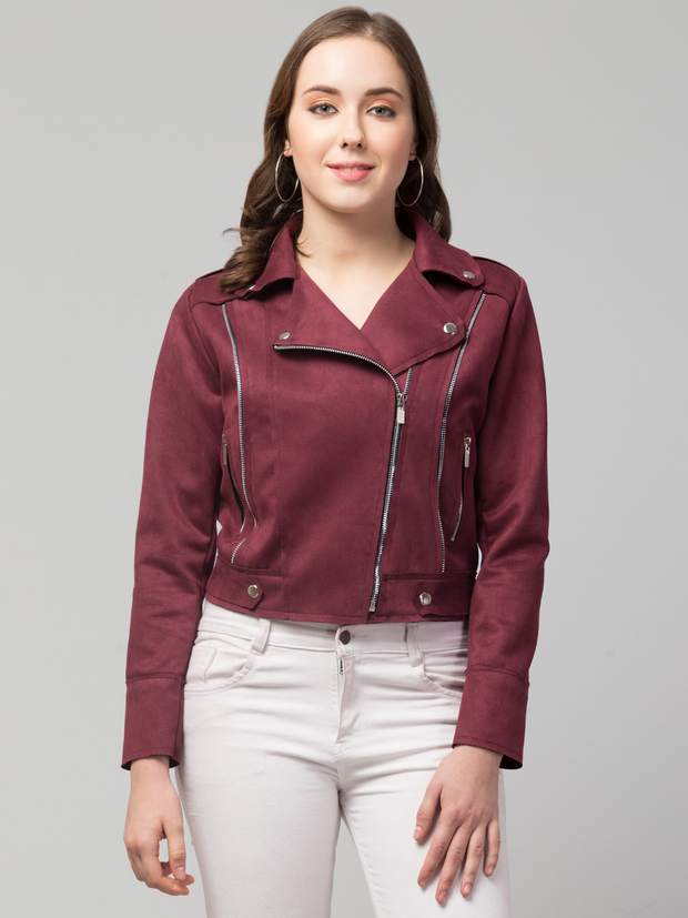 Women Classic Zipper Suede Biker Jacket (Color Wine) (Size L)