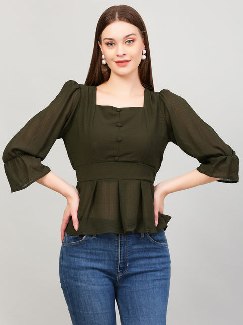 Women Solid Pleated Top (Size-M) (Color-DARK GREEN)