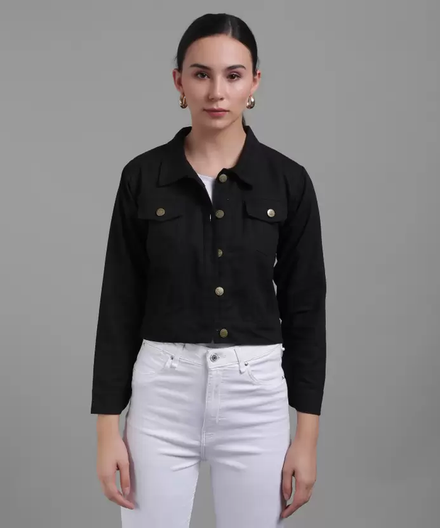 Women Solid Light Weight Casual Short Jacket (Color Black) (Size L)