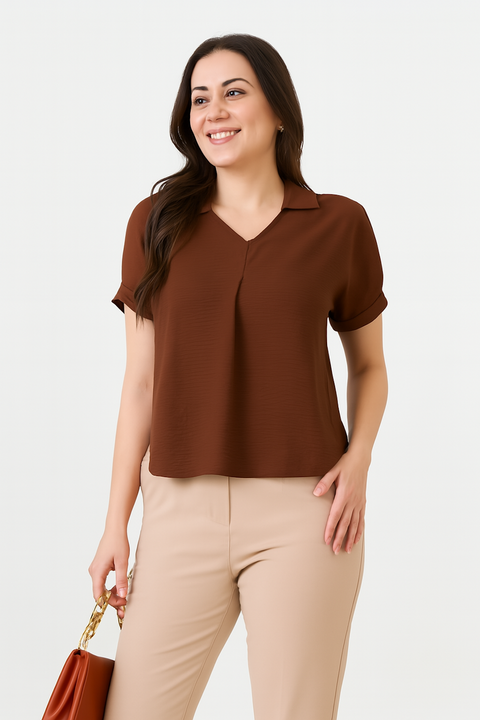 Short Sleeve Collared Top-Brown (Size-L)