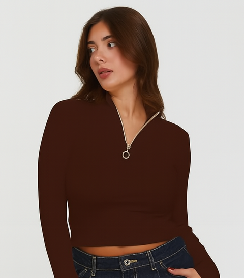 Long Sleeve Quarter Zip Crop Top-Brown (Size-S)