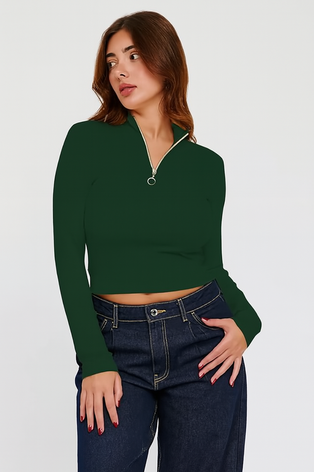 Long Sleeve Quarter Zip Crop Top-Green (Size-3XL)