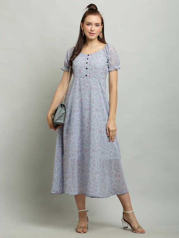 Women Printed Puff Sleeves A-Line Dress (Size-L) (Color-BLUE)